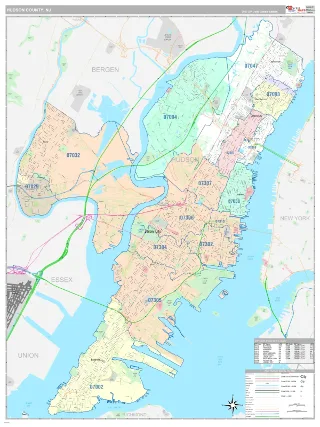 Hudson County, NJ Classic style ZIP Code wall map
