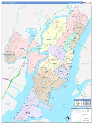 Hudson County, NJ ColorCast style ZIP Code wall map