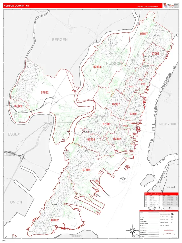 Hudson County, NJ ZIP Code Wall Map, RedLine style