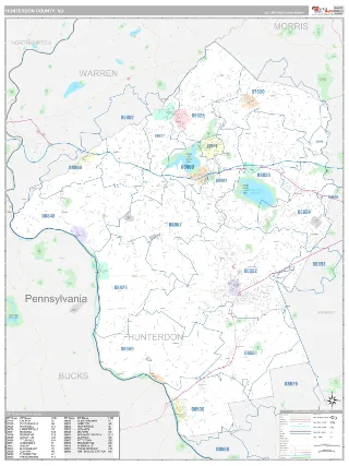 Hunterdon County, NJ Classic style ZIP Code wall map