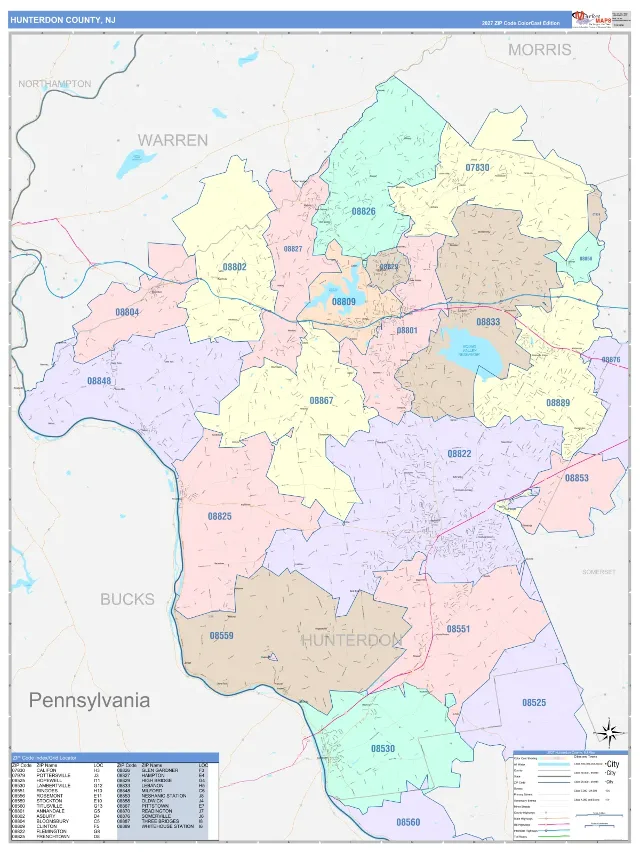 Hunterdon County, NJ ZIP Code Wall Map, ColorCast style