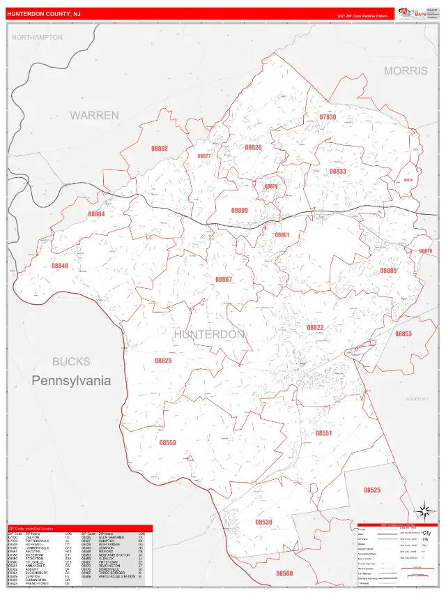 Hunterdon County, NJ ZIP Code Wall Map, RedLine style