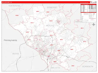 Mercer County, NJ RedLine style ZIP Code wall map