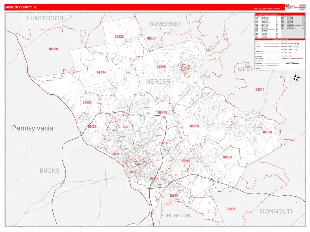 Mercer County, NJ ZIP Code Wall Map, RedLine style
