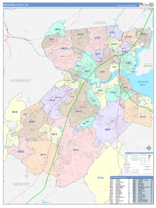 Middlesex County, NJ ColorCast style ZIP Code wall map