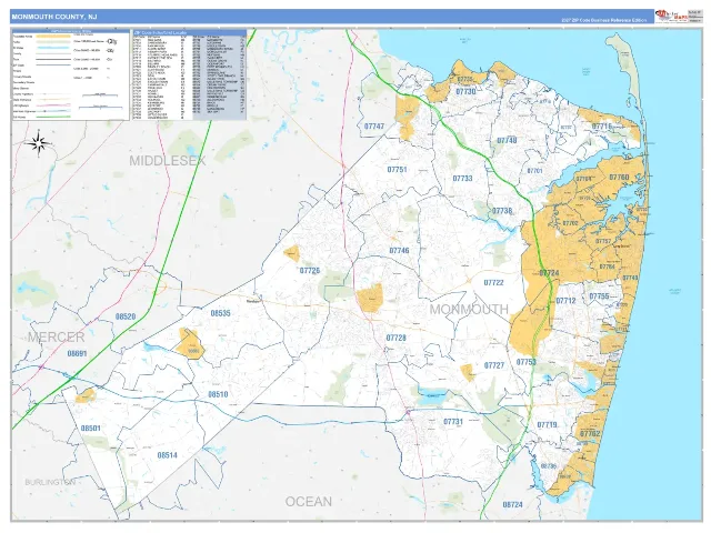 Monmouth County, NJ ZIP Code Wall Map, Business Reference style