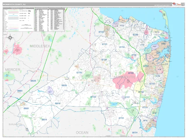 Monmouth County, NJ ZIP Code Wall Map, Classic style