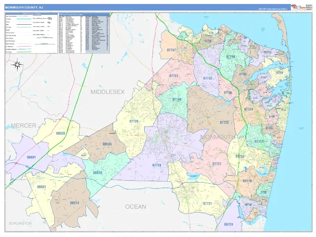 Monmouth County, NJ ZIP Code Wall Map, ColorCast style