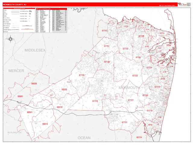 Monmouth County, NJ ZIP Code Wall Map, RedLine style