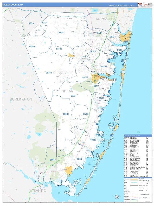 Ocean County, NJ ZIP Code Wall Map, Business Reference style