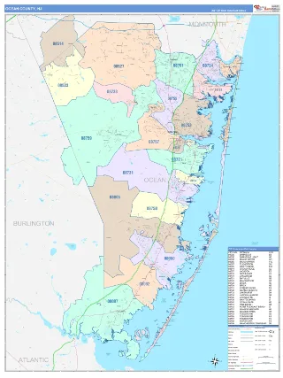 Ocean County, NJ ColorCast style ZIP Code wall map
