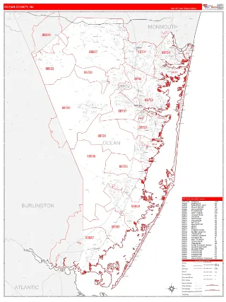Ocean County, NJ RedLine style ZIP Code wall map