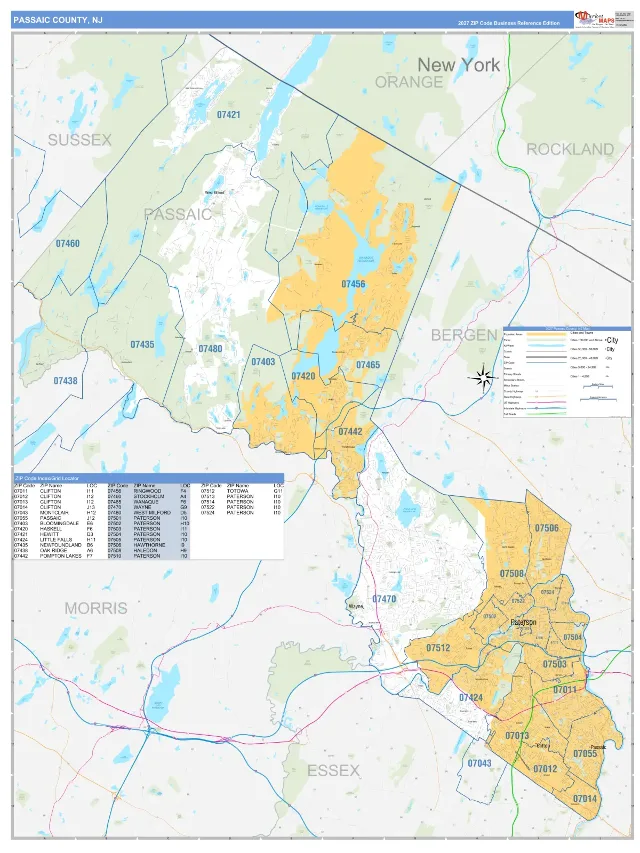 Passaic County, NJ ZIP Code Wall Map, Business Reference style