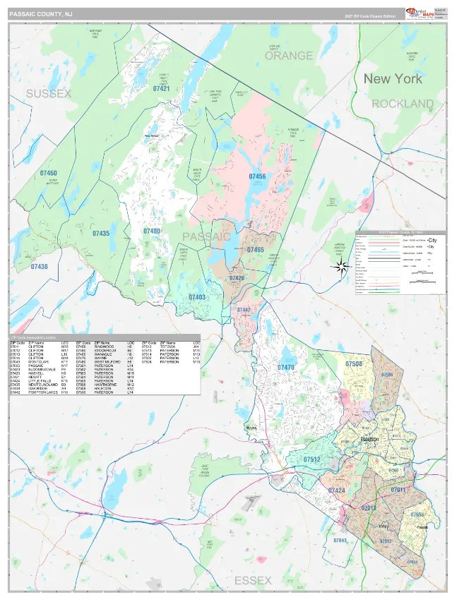 Passaic County, NJ ZIP Code Wall Map, Classic style