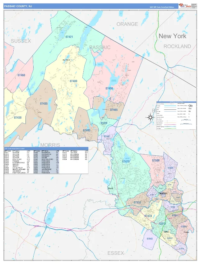 Passaic County, NJ ZIP Code Wall Map, ColorCast style