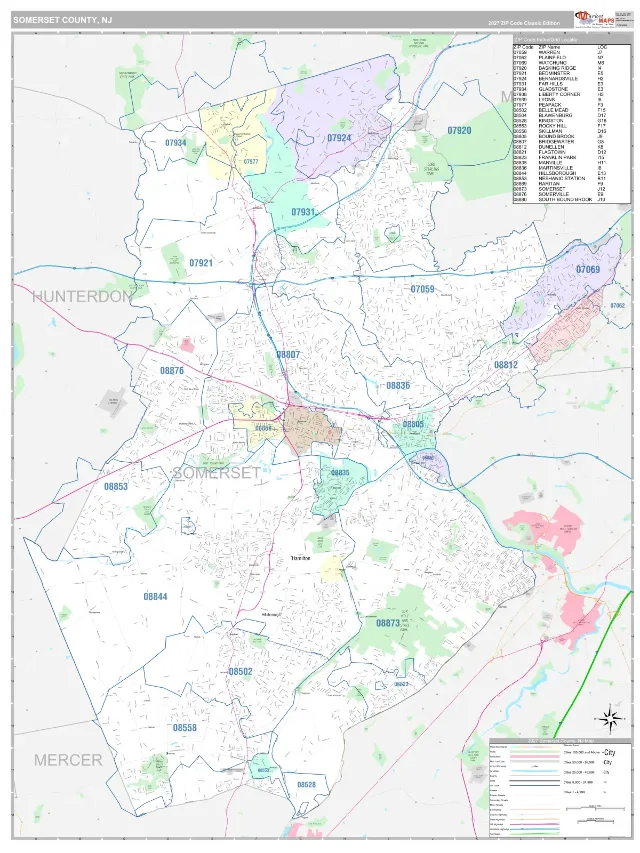 Somerset County, NJ ZIP Code Wall Map, Classic style