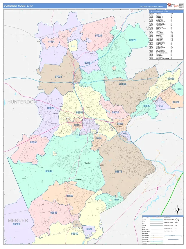 Somerset County, NJ ZIP Code Wall Map, ColorCast style