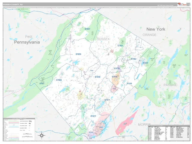 Sussex County, NJ ZIP Code Wall Map, Classic style