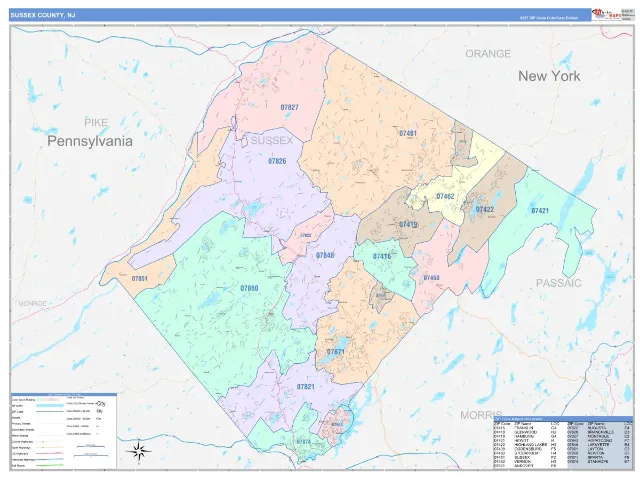 Sussex County, NJ ZIP Code Wall Map, ColorCast style