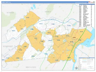 Union County, NJ Business Reference style ZIP Code wall map