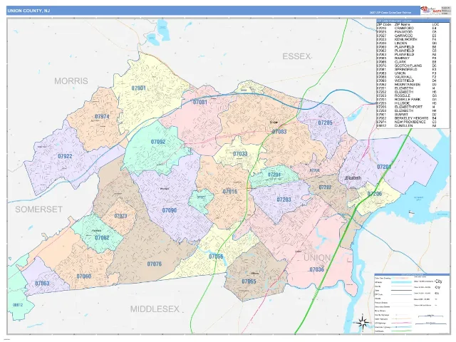 Union County, NJ ZIP Code Wall Map, ColorCast style