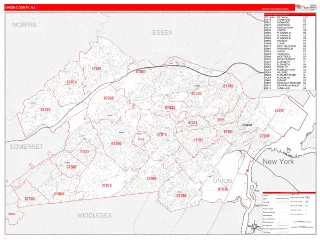 Union County, NJ RedLine style ZIP Code wall map