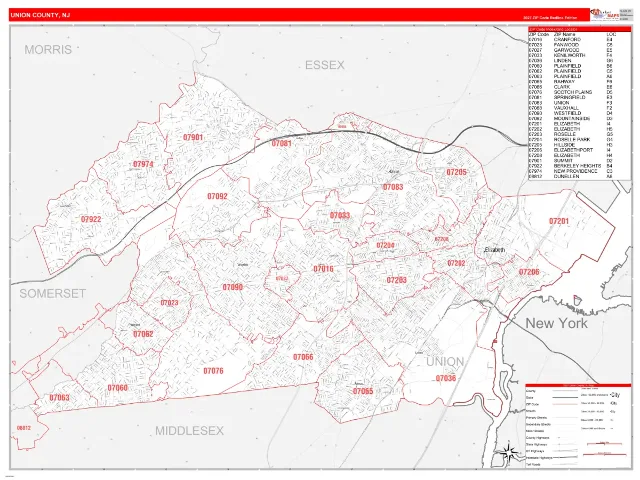 Union County, NJ ZIP Code Wall Map, RedLine style