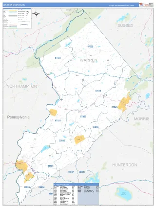 Warren County, NJ Business Reference style ZIP Code wall map