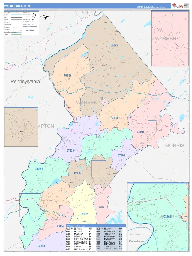 Warren County, NJ ZIP Code Wall Map, ColorCast style