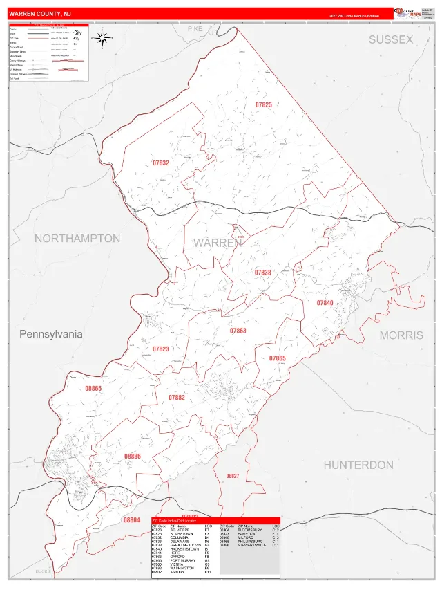 Warren County, NJ ZIP Code Wall Map, RedLine style