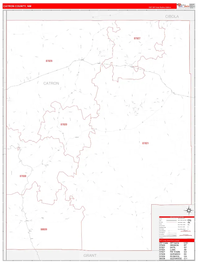 Catron County, NM ZIP Code Wall Map, RedLine style