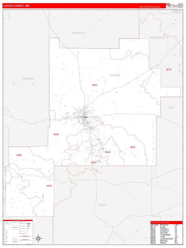 Chaves County, NM ZIP Code Wall Map, RedLine style
