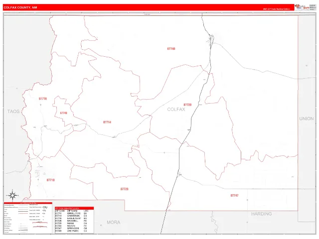 Colfax County, NM ZIP Code Wall Map, RedLine style