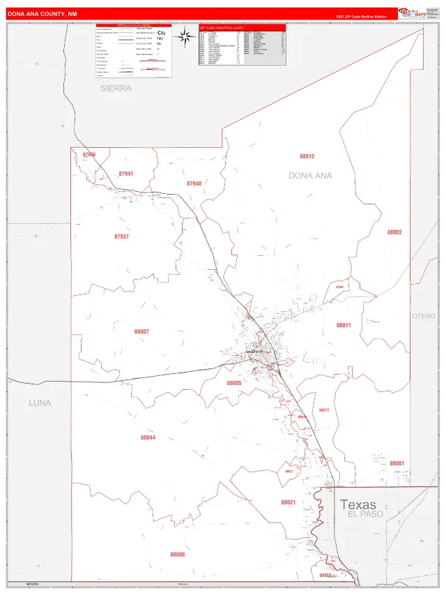 Dona Ana County, NM ZIP Code Wall Map, RedLine style