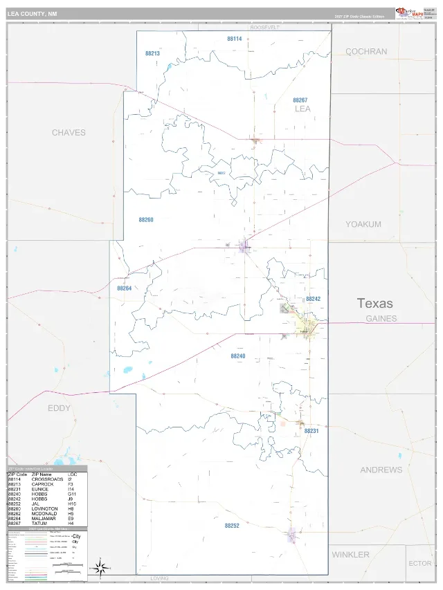 Lea County, NM ZIP Code Wall Map, Classic style