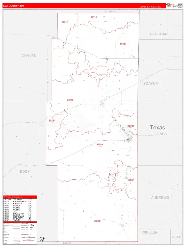 Lea County, NM ZIP Code Wall Map, RedLine style