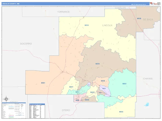 Lincoln County, NM ZIP Code Wall Map, ColorCast style