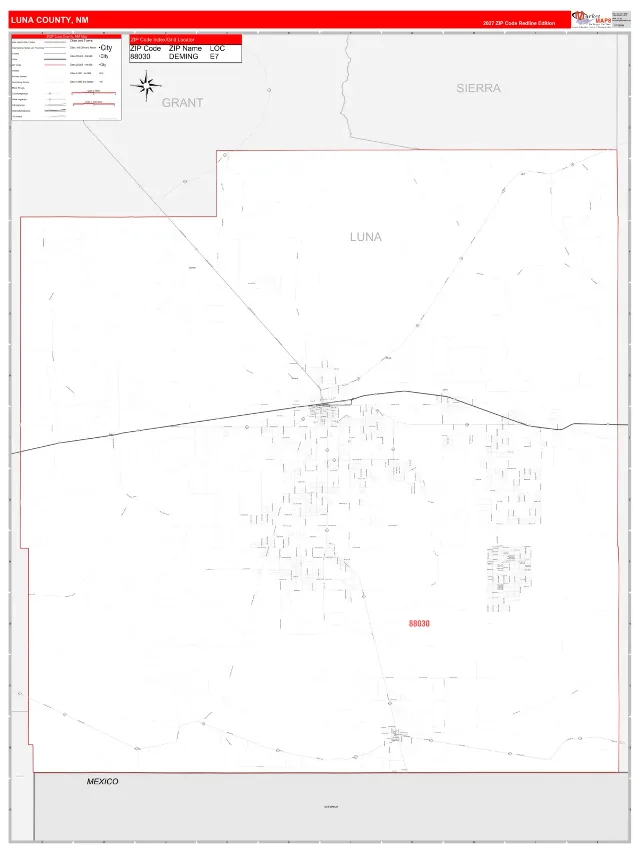 Luna County, NM ZIP Code Wall Map, RedLine style