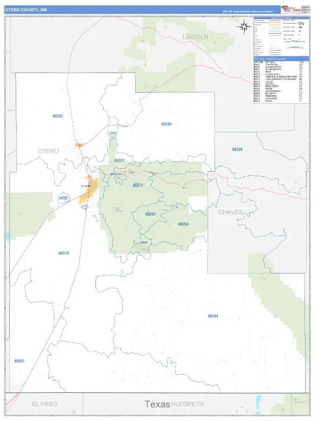 Otero County, NM ZIP Code Wall Map, Business Reference style
