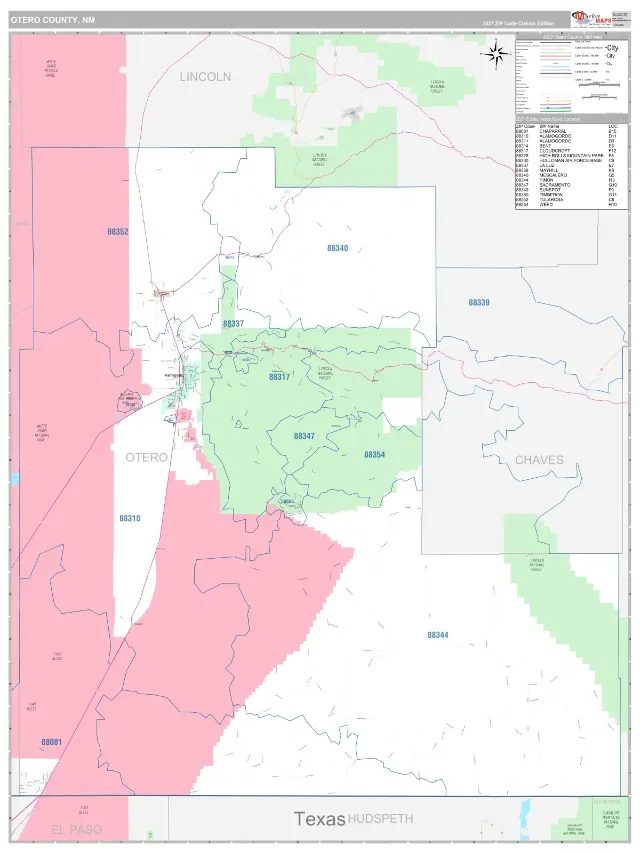 Otero County, NM ZIP Code Wall Map, Classic style