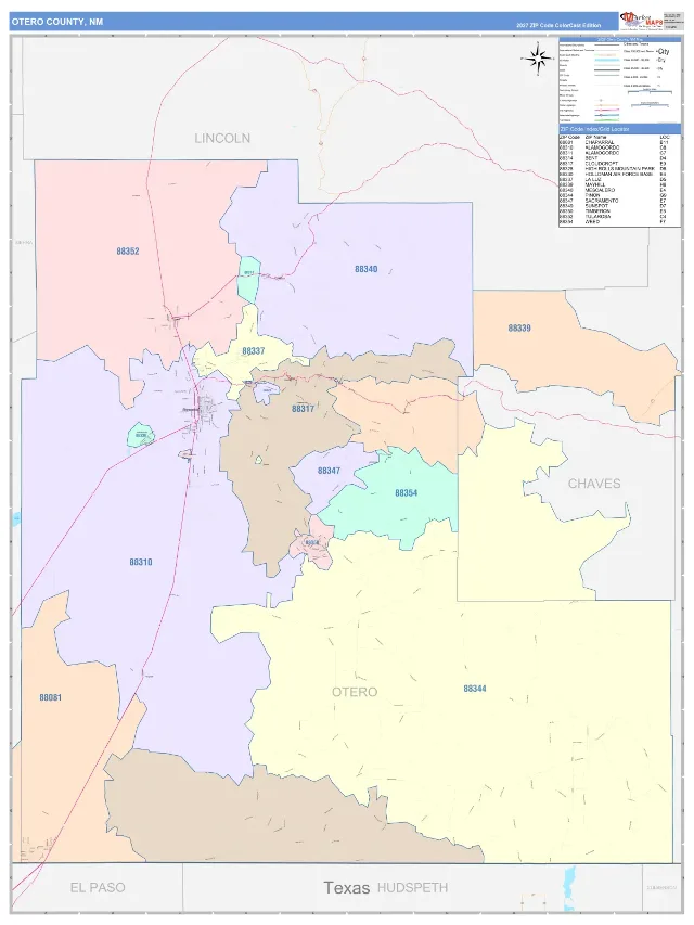 Otero County, NM ZIP Code Wall Map, ColorCast style