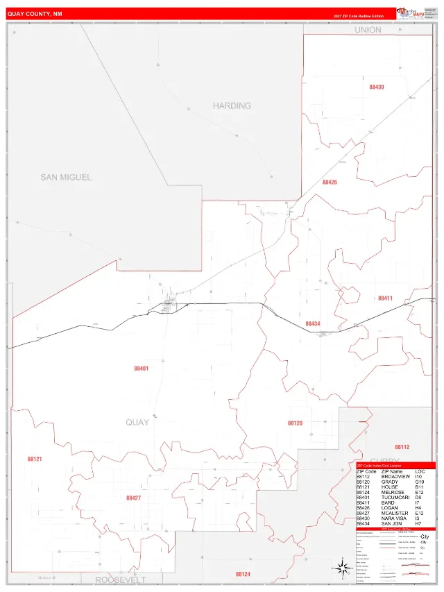 Quay County, NM ZIP Code Wall Map, RedLine style