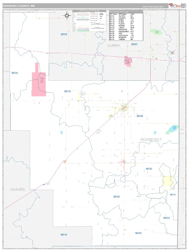 Roosevelt County, NM ZIP Code Wall Map, Classic style