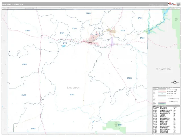 San Juan County, NM ZIP Code Wall Map, Classic style