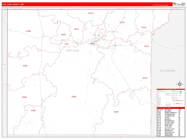 San Juan County, NM ZIP Code Wall Map, RedLine style