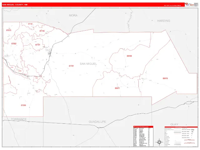 San Miguel County, NM ZIP Code Wall Map, RedLine style