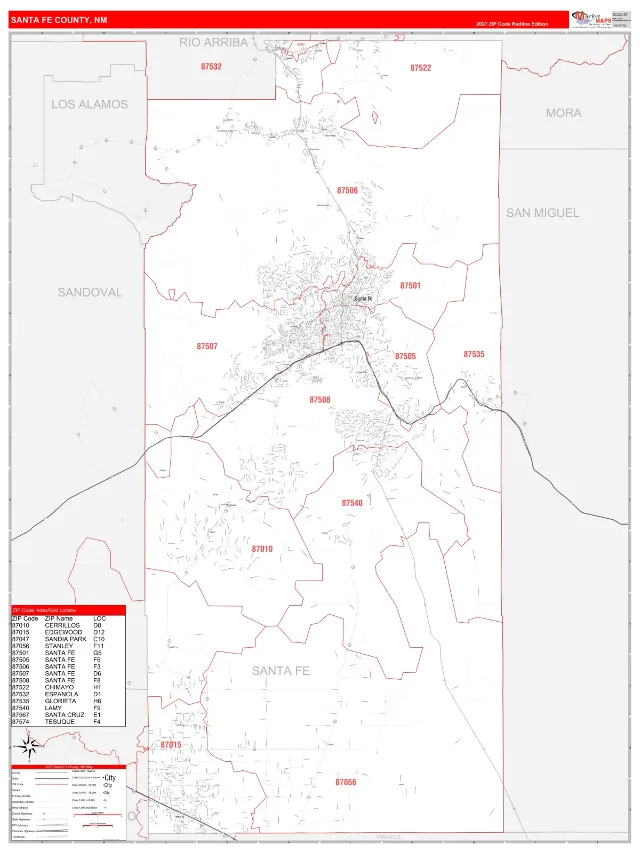 Santa Fe County, NM ZIP Code Wall Map, RedLine style