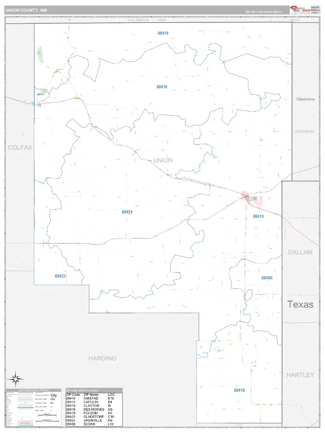 Union County, NM ZIP Code Wall Map, Classic style