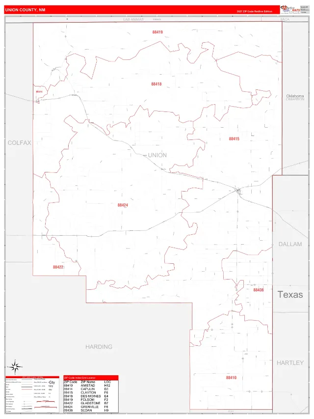 Union County, NM ZIP Code Wall Map, RedLine style