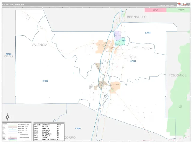 Valencia County, NM ZIP Code Wall Map, Classic style